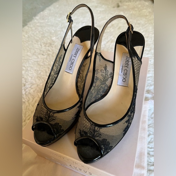 Jimmy Choo Nova 100mm Black Floral Lace Mesh Slingback Peep Toe Sandal Heels 38 - Picture 5 of 12